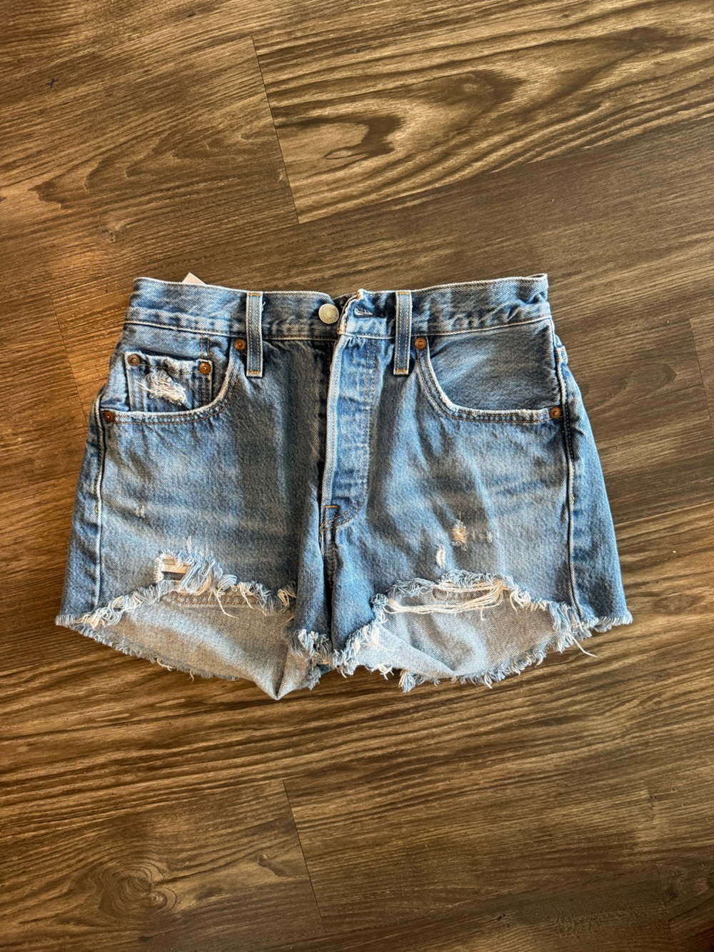 Levi’s 501 - Distressed Light Blue Denim Button Fly Women’s Shorts